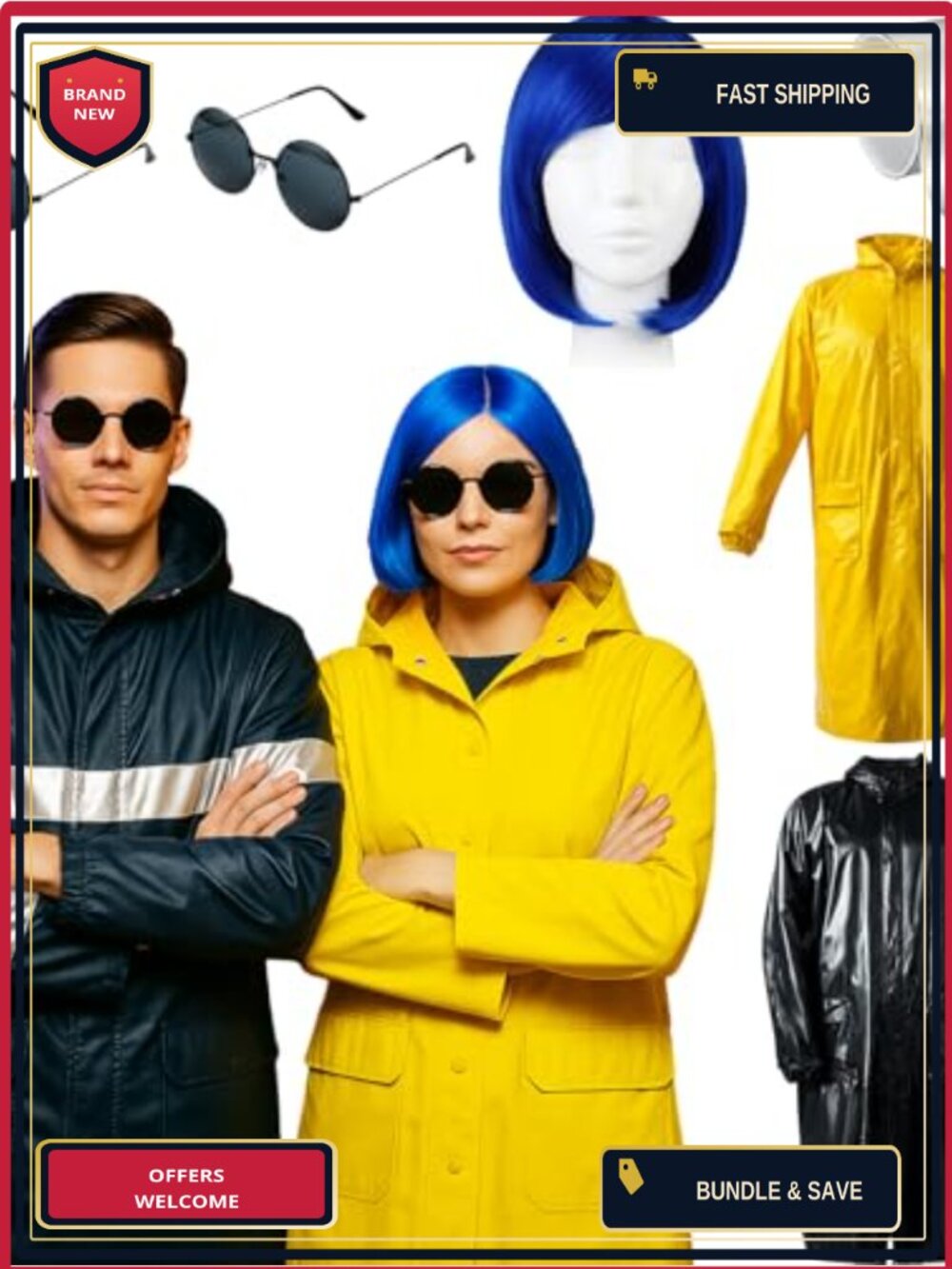 Adult Couples Halloween Cosplay Costume Set Raincoats with Wig and Sunglasses